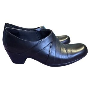 Clarks 7.5 Wide Y2K Era Black Leather Dark Academia Block Heel  Comfort Clog